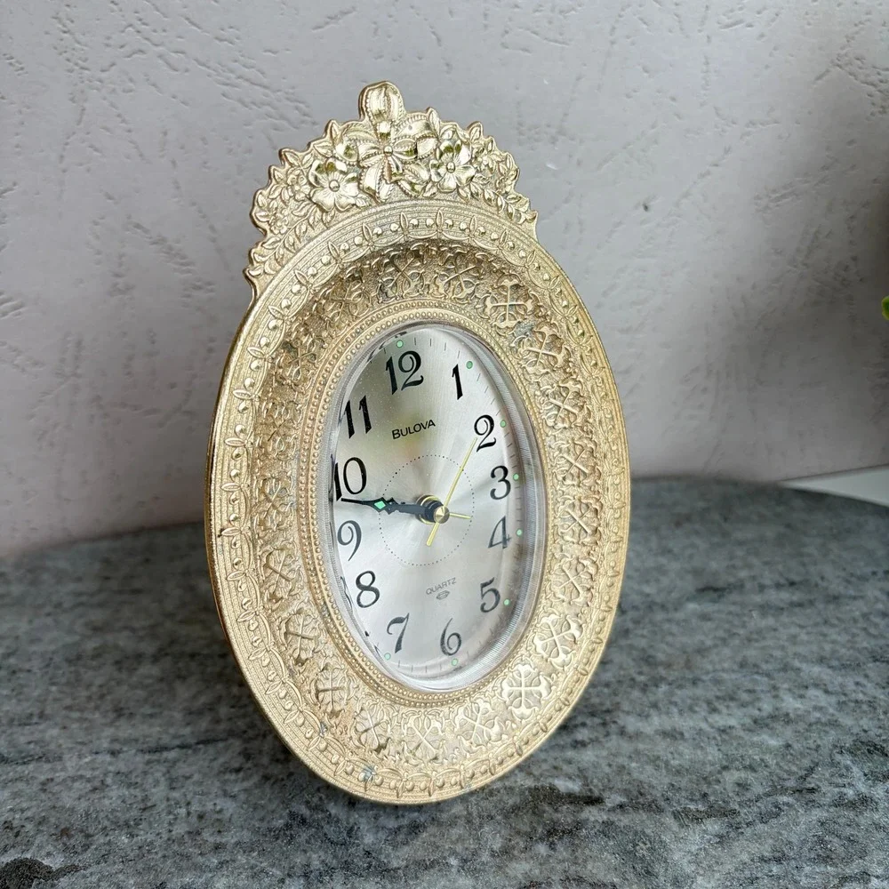 Bulova Quartz Alarm Clock Gold Tone Ornate Filigree Oval Table Desk 4RE708